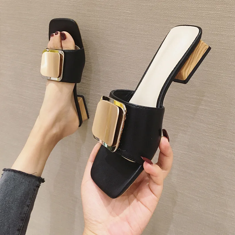 Мюли женские на квадратном каблуке повседневные туфли низком деревянном