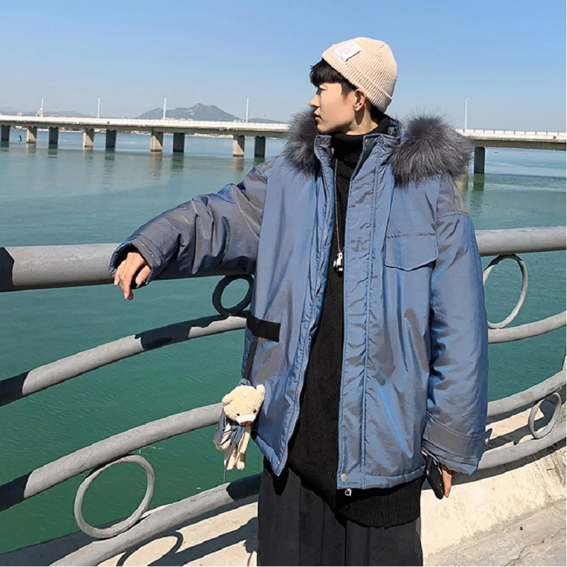 Cartoon Padded Jacket Plus Velvet Padded Fur Collar Hooded Padded Jacket Male Ins Tide Brand Loose Student Winter Jacket