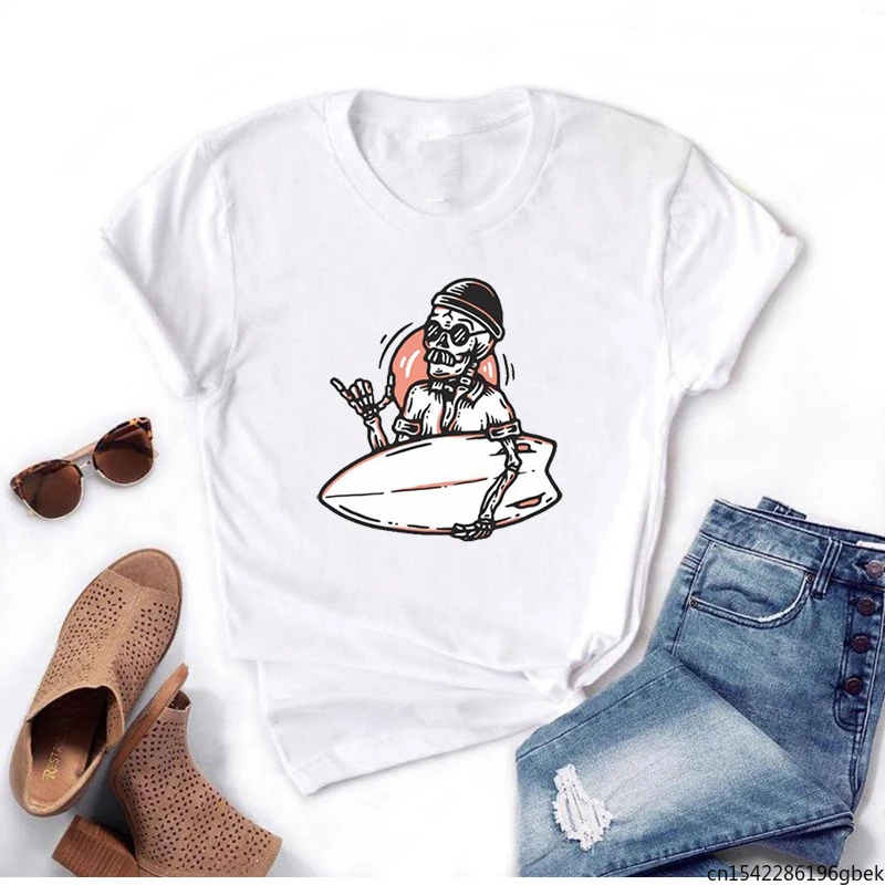 

Skull Surfing Style Printed Loose Vintage T-shirt Short Sleeve Girl Woman Oversized Round Nnck
