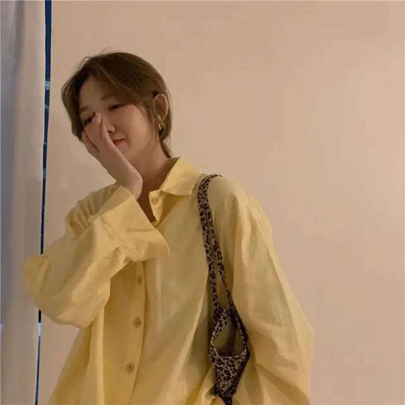 

Korean Pure Cotton Office Lady Solid Women Shirts O-Neck Large Size Vintage Loose Tops Long Sleeve Button Classic street Blouses