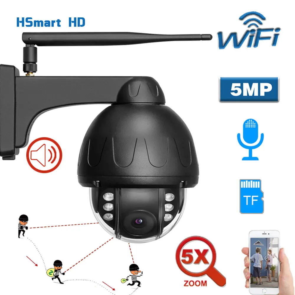 

Metal Outdoor IP Camera 5MP TF Card WIFI AI Auto Tracking 5X Zoom Wireless PTZ Mini Speed Dome CCTV Camera Two Way Audio IR 40m