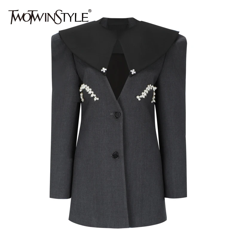 

TWOTWINSTYLE Casual Pearls Patchwork Blazer Female Notched Long Sleeve Loose Solid Fashion Coat For Women Autumn 2021 New Style
