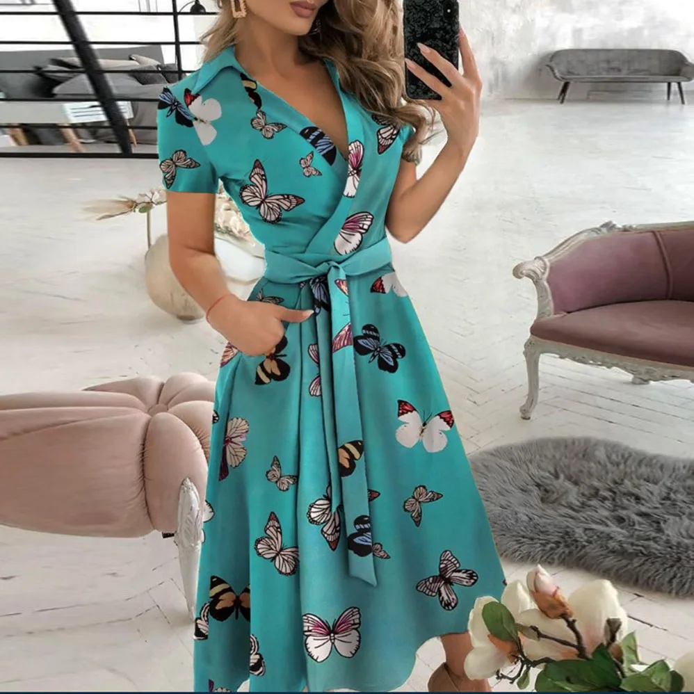 

Summer Fashion Sexy Short Sleeve Dress Office Lady Lapel V Neck Midi-calf Dress Women Floral Print Party Dresses Vestido Lace Up