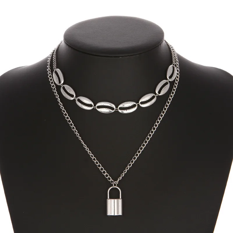 Длинное ожерелье с ракушкой и висячим замком двухслойная цепочка воротник в