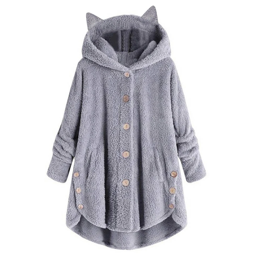 

Winter Coat Women Hooded Long Sleeve Long Coat Jacket Long sleeve button hooded plush top irregular jacket