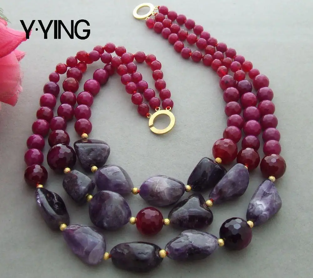 

YYING 3Strands Faceted Fuchsia Agates Purple Amethysts Necklace 19"