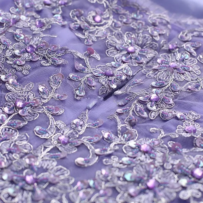 

Purple Off Shoulder Beads Sequins Organza Lace illusion Short Sleeve Lace-up Vestido Knee Length Party Show Prom Evening Dress