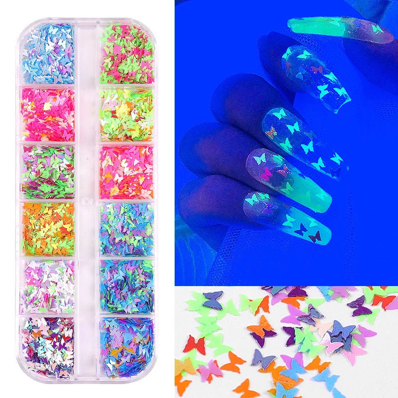 

12 Grids Colorful Butterfly Nail Glitter shimmer Sequins Mixed Powder Foils Decals Ultrathin Flakes For Acrylic Art decorations