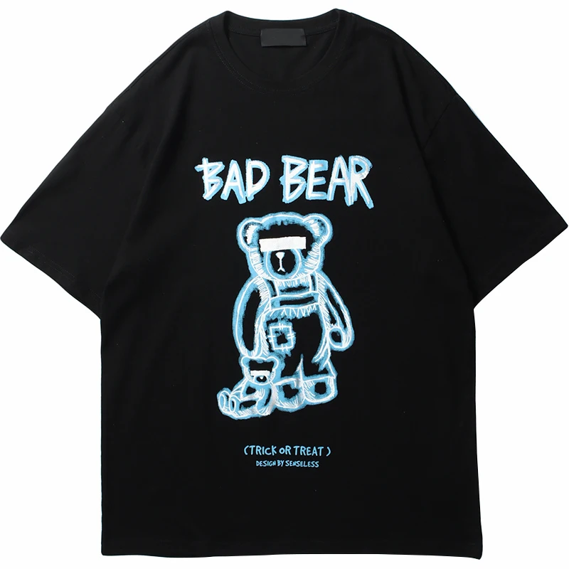 Футболка мужская с забавным медведем в стиле Харадзюку, уличная одежда в стиле хип-хоп, хлопковая Свободная рубашка с коротким рукавом, черн...