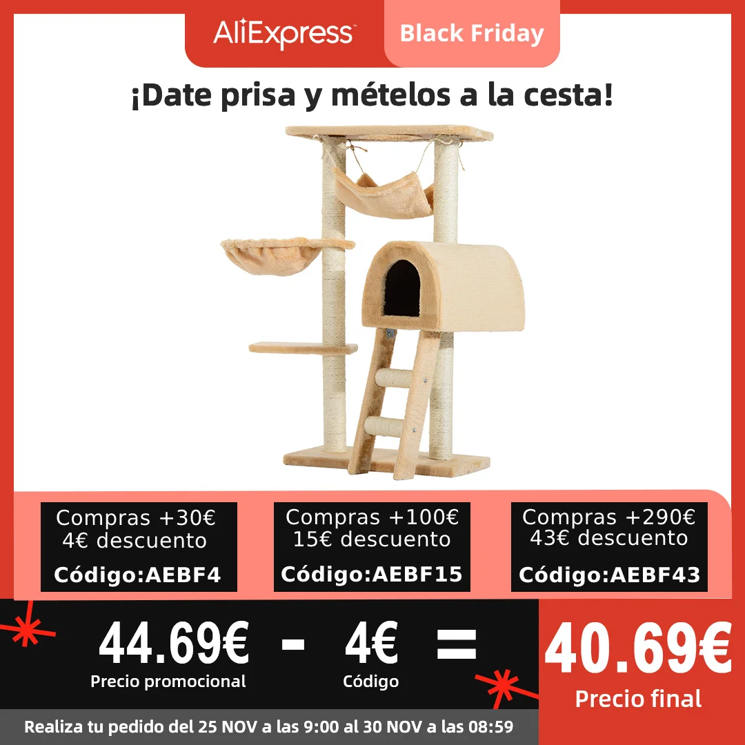 PawHut Árbol para Gatos Rascador con Poste para Arañar Nido Hamaca Plataforma Caseta Escalera