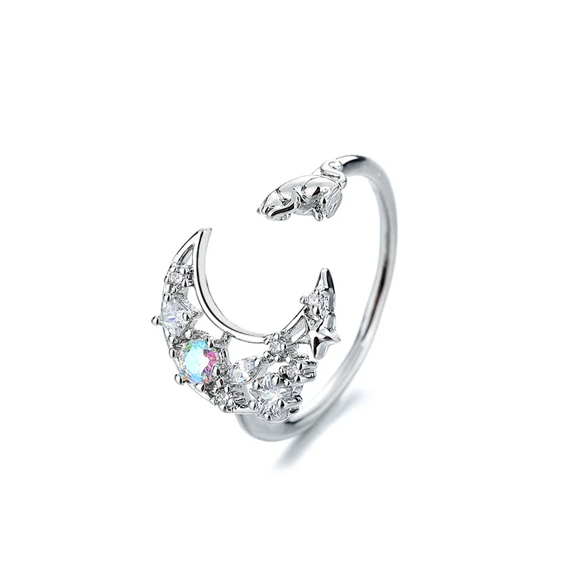 

Trend 2021 Fashion Adjuestable Size Luxury Moon Cat Ring Silver Plated Charm Jewelry Sweet Women Gifts