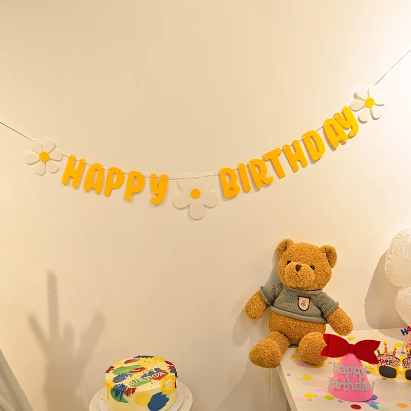 ins Baby Shower Non Woven Daisy Happy Birthday Banner White Flower Garland Yellow Flag | Дом и сад