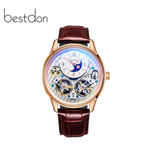 Gold brown D7164 Двойной скелет MoonPhase швейцарские роскошные брендовые механические часы для мужчин полностью стальные водонепроницаемые автоматические мужские часы reloj montre - Цвет: Gold brown D7164