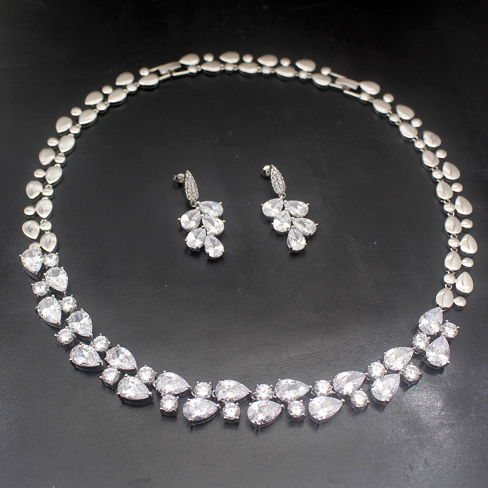 Hermosa свадебные комплекты с белым кубическим цирконием серебряного цвета серьги ожерелье кристаллы Модный женский праздничный подарок A729