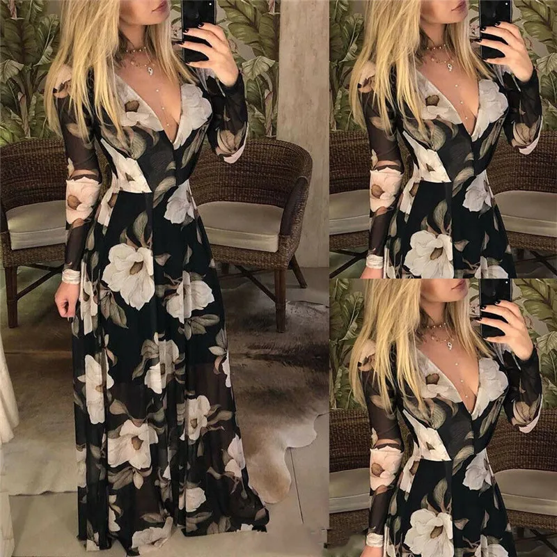 

Women Boho Floral Dress Summer Spring Deep V Neck Dresses Party Night Sheer Long Sleeve Maxi Dress Clothing Vestidos