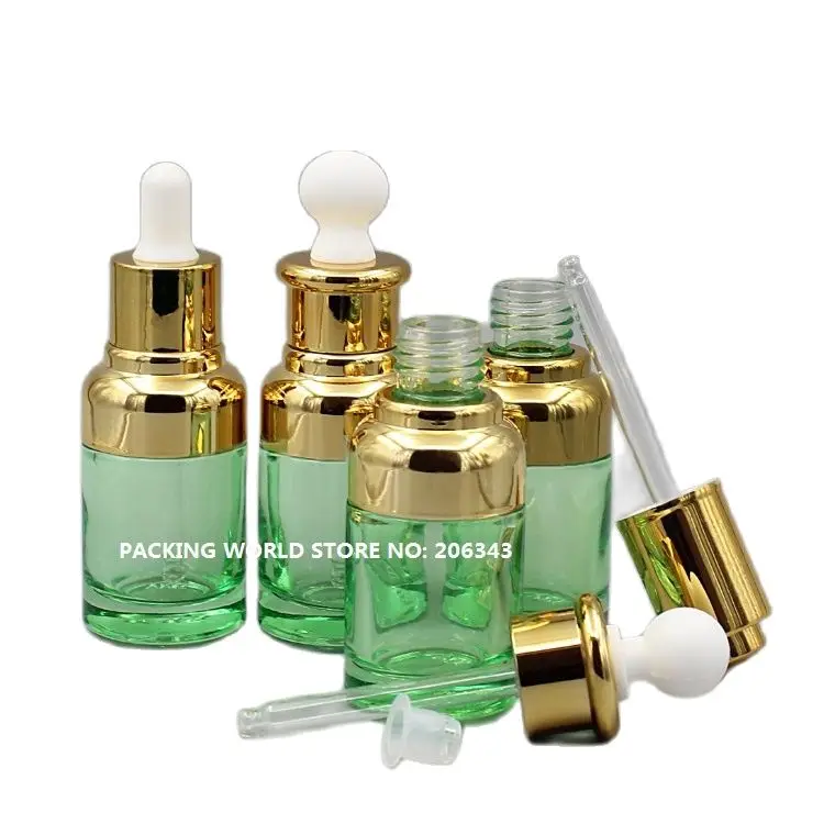 Зеленая стеклянная бутылка 20 мл с золотым плечиком и воротником капельница для