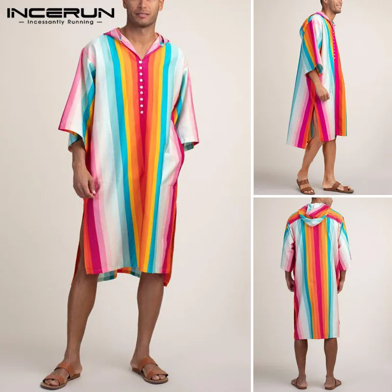 

Male Fashion Colorful Striped Bathrobes INCERUN Men Sleep Robes 3/4 Sleeve Hooded Nightgown Loose Hem Splitting Sleepwear 5XL 7