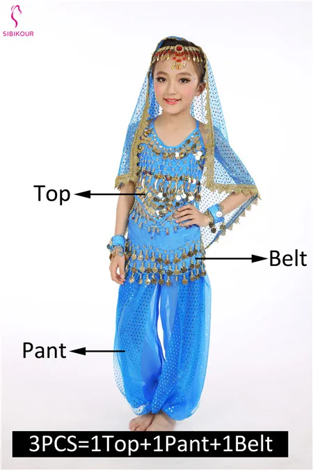 Ocean Blue 3pcs Детский набор костюма для танца живота Восточные Танцевальные костюмы для девочек Египетский Болливуд индийский танец живота одежда Индия 8 цветов - Цвет: Ocean Blue 3pcs