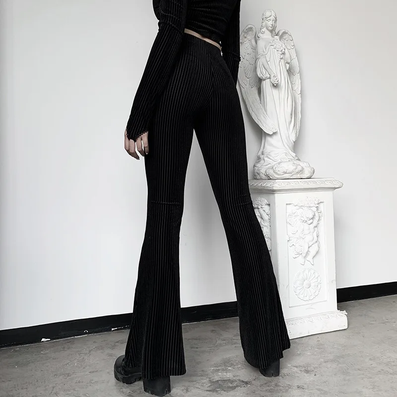 

Zoulv Women Elastic High Waist Legging Casual Trousers Autumn Elegant Long Pants Women Capris Black Velvet Stripe Flare Trousers