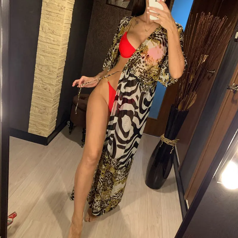 

2021 Bikini Cover-ups Bohemian Printed Long Kimono Cardigan Plus Size Chiffon Tunic Women Beach Wear Swim Suit Cover Up Q912