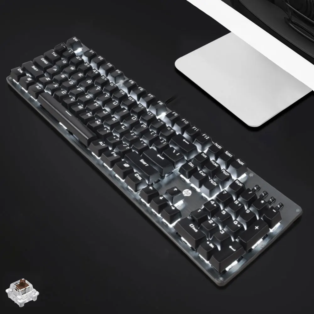 Hp GK100 Механическая игровая клавиатура с подсветкой, синий, красный переключатель, 104 клавиш, металлический цветной светодиодный компьютер с подсветкой, Проводная клавиатура для геймера