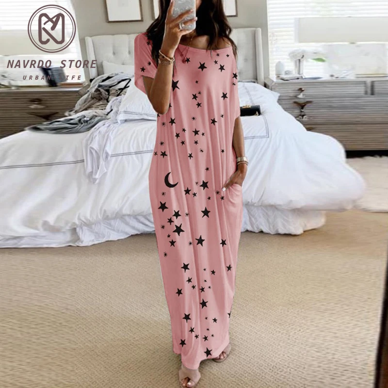 

2021 New Women Dresses Loose Off Shoulder Short Sleeve Long Dress Moon Star Printing Elegant Female Spring Summer Dress Vestidos