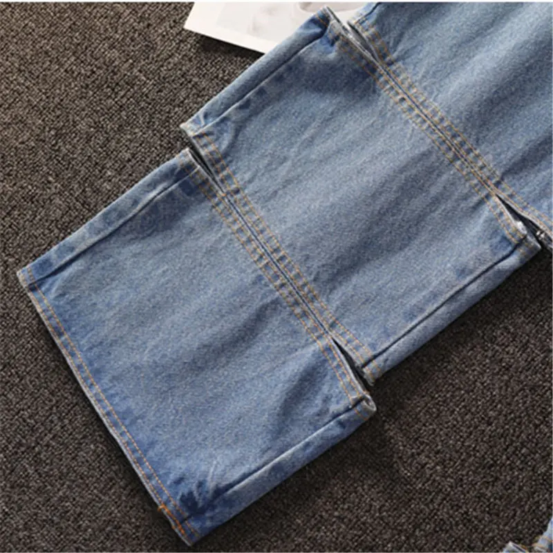 

Women Light Blue Denim Hollow Out Spliced Jeans New High waist Loose Trousers Fashion Ladies Pants Tide Spring Autumn 2021