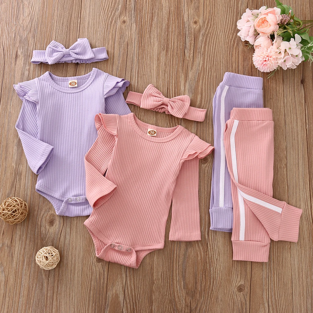 

AA Baby Girls Clothing Round Collar Long Sleeves Ruffle Knitting Romper Jogger Pants Headband 3-Piece Clothes Baby Outfit Girls