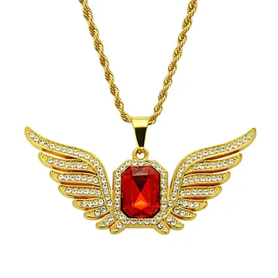 gold Золото, ангельские крылья, хип-хоп подвеска, шикарные полностью CZ Стразы, красная подвеска с драгоценным камнем, цепочка, роскошное ожерелье для женщин и мужчин, ювелирные изделия - Окраска металла: gold