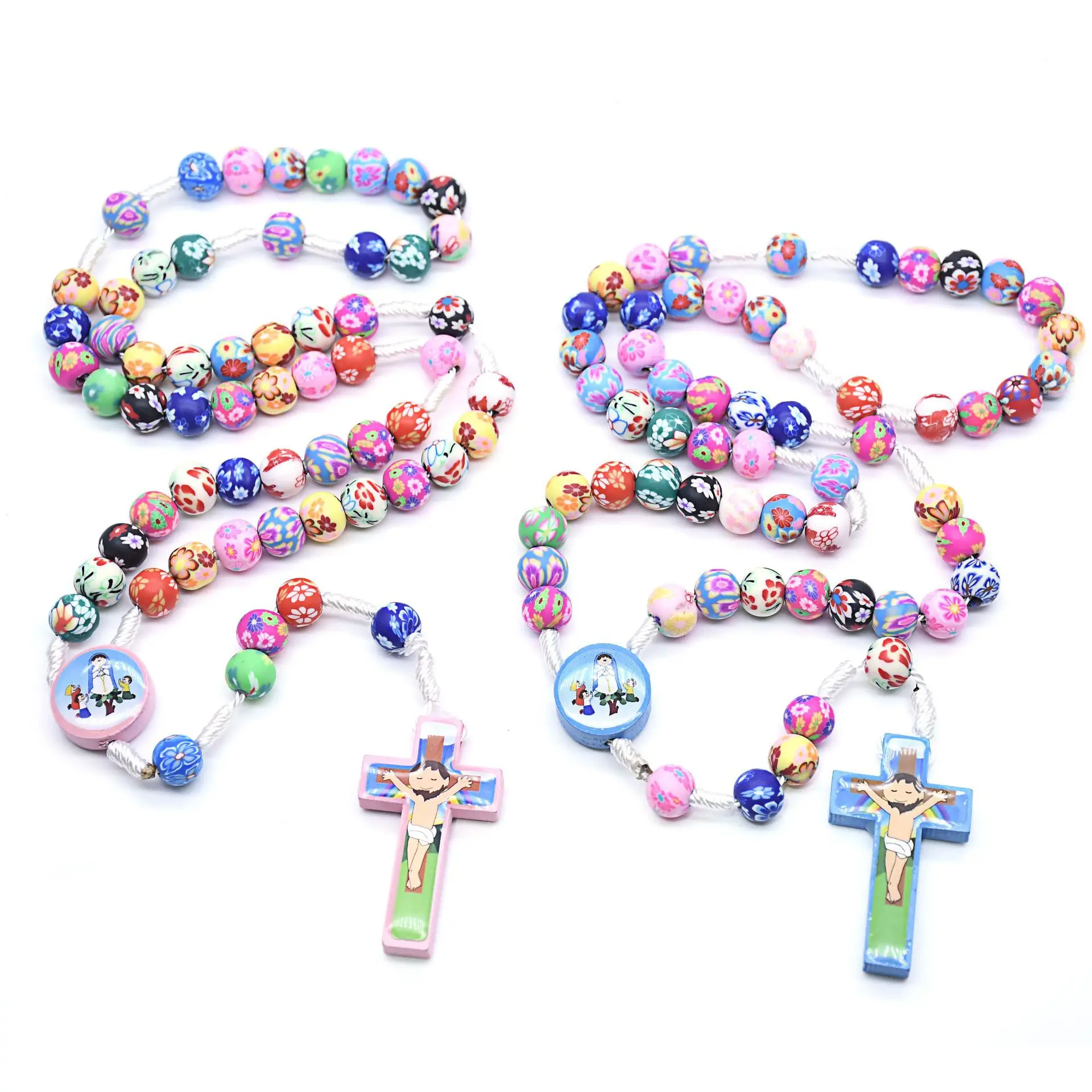 Colorful Cross Beaded Pendant Necklaces for Boy Girl Child Long Rosary Prayer Christian Religious Men Kids Jewelry