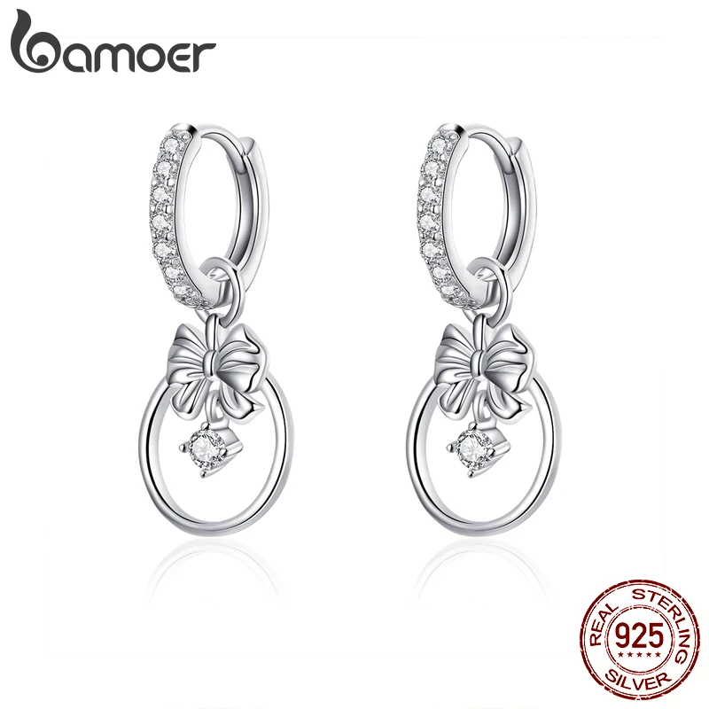 bamoer Silver 925 Jewelry Clear CZ Bowknot Dangle Drop Earrings for Women Wedding Statement 2020 New Brincos BSE332 |