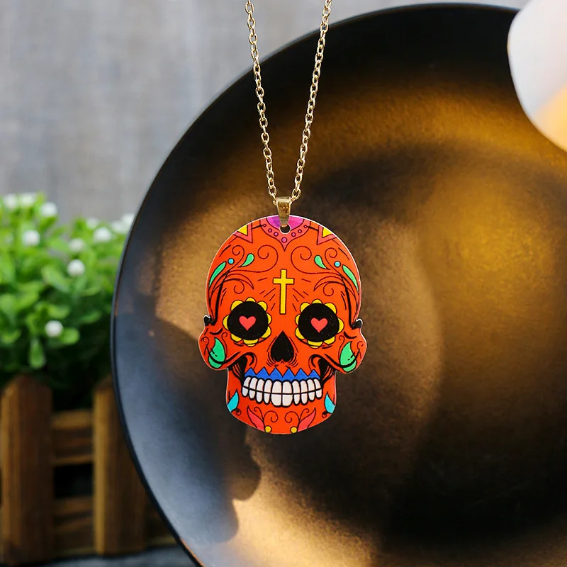 

New Acrylic Skull Hip Hop Pendant Fashion Gothic Punk Graffiti Cross Skull Ghost Head Couple Halloween Long Necklace Jewelry