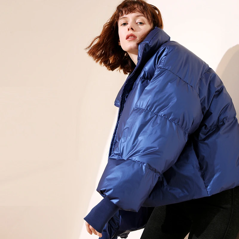 90% белый пуховик на утином пуху 2019 плюс размер женский зимний короткий глянцевый