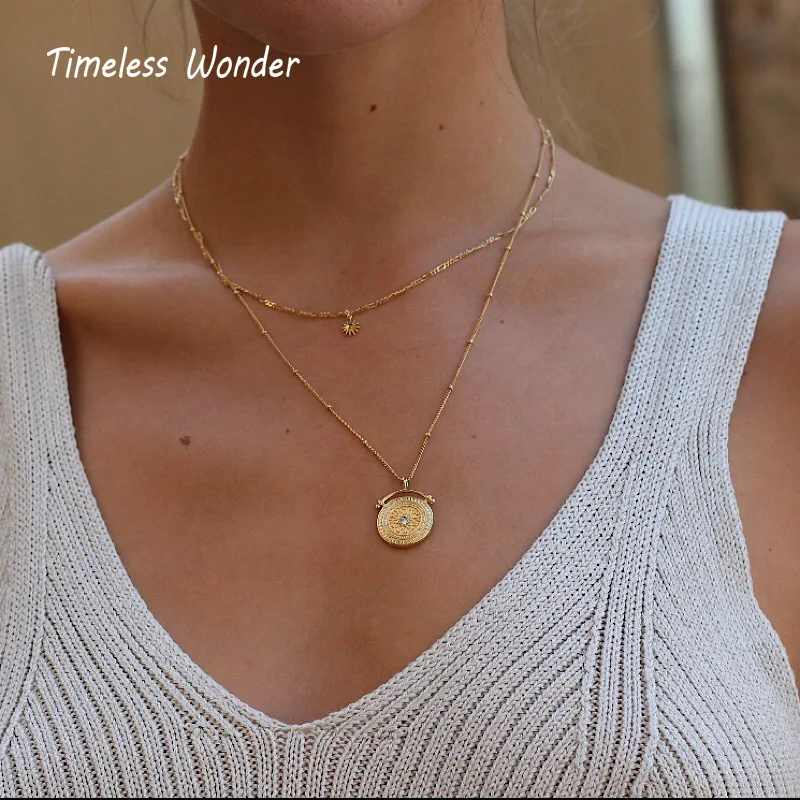 Timeless Wonder Titanium Sunburst Coin Chains Layered Necklace Stainless Steel Jewelry Punk Top Boho Gothic Trendy Gold 2121