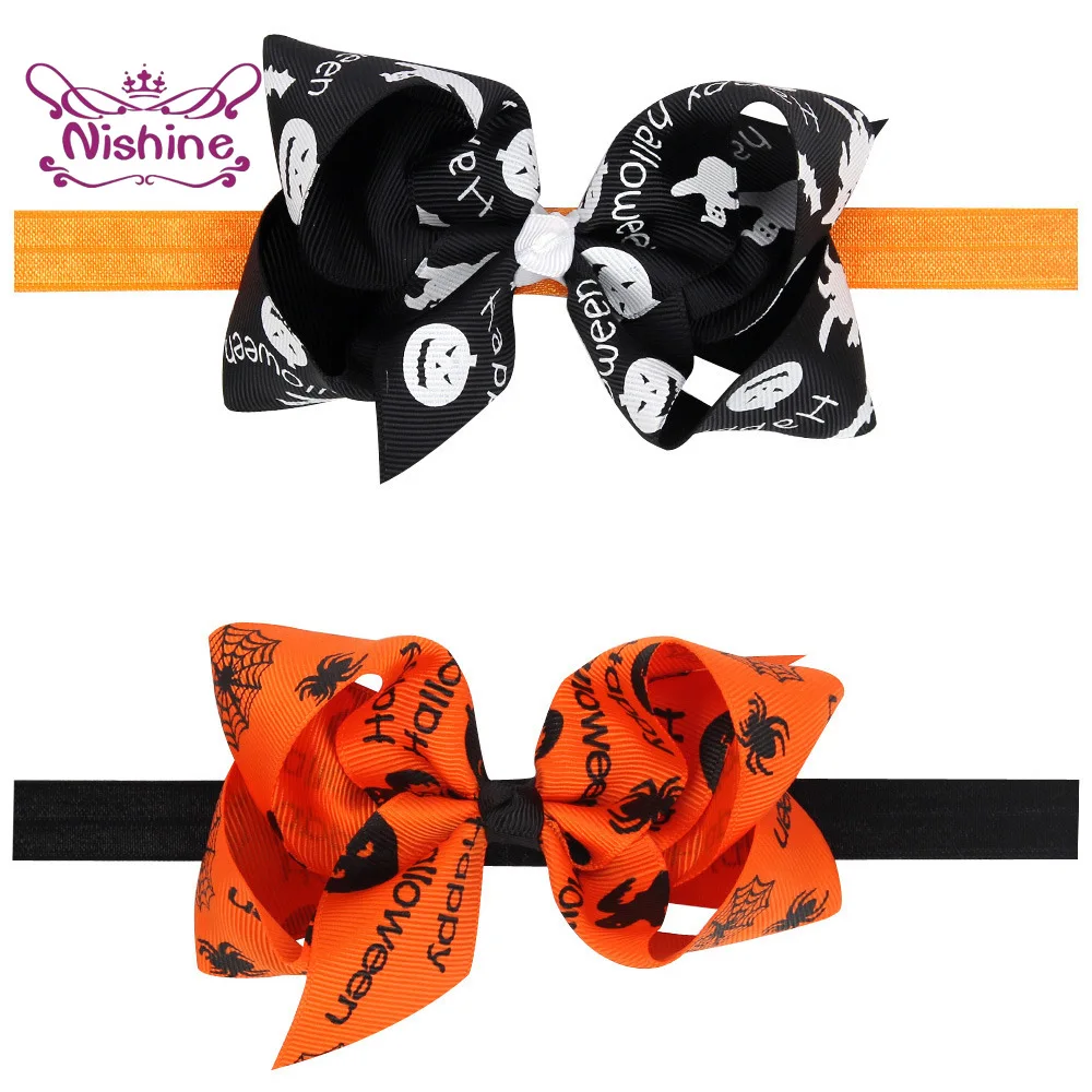 

Fashion Cartoon Pattern Grosgrain Ribbon Bows Baby Headband Halloween Print Bowknot Elastic Hairband Party Decoration Kids Gifts