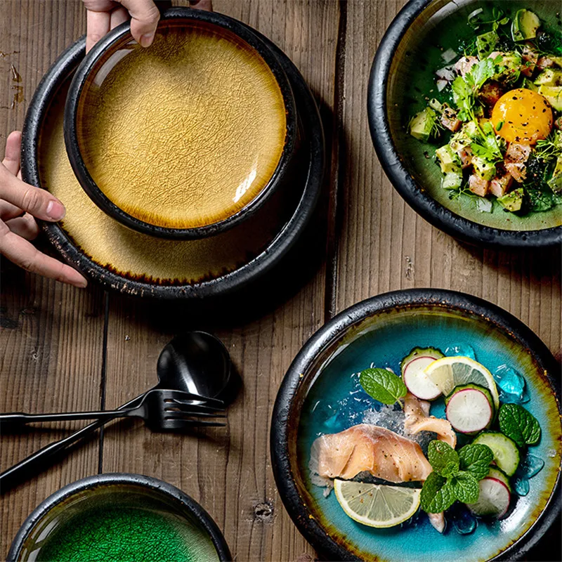 

Japanese Style Ceramic Creative Ice Crack Glaze Dinner Plate Retro Sushi Steak Plate Dessert Salad Fruit Dish Kitchen Tableware