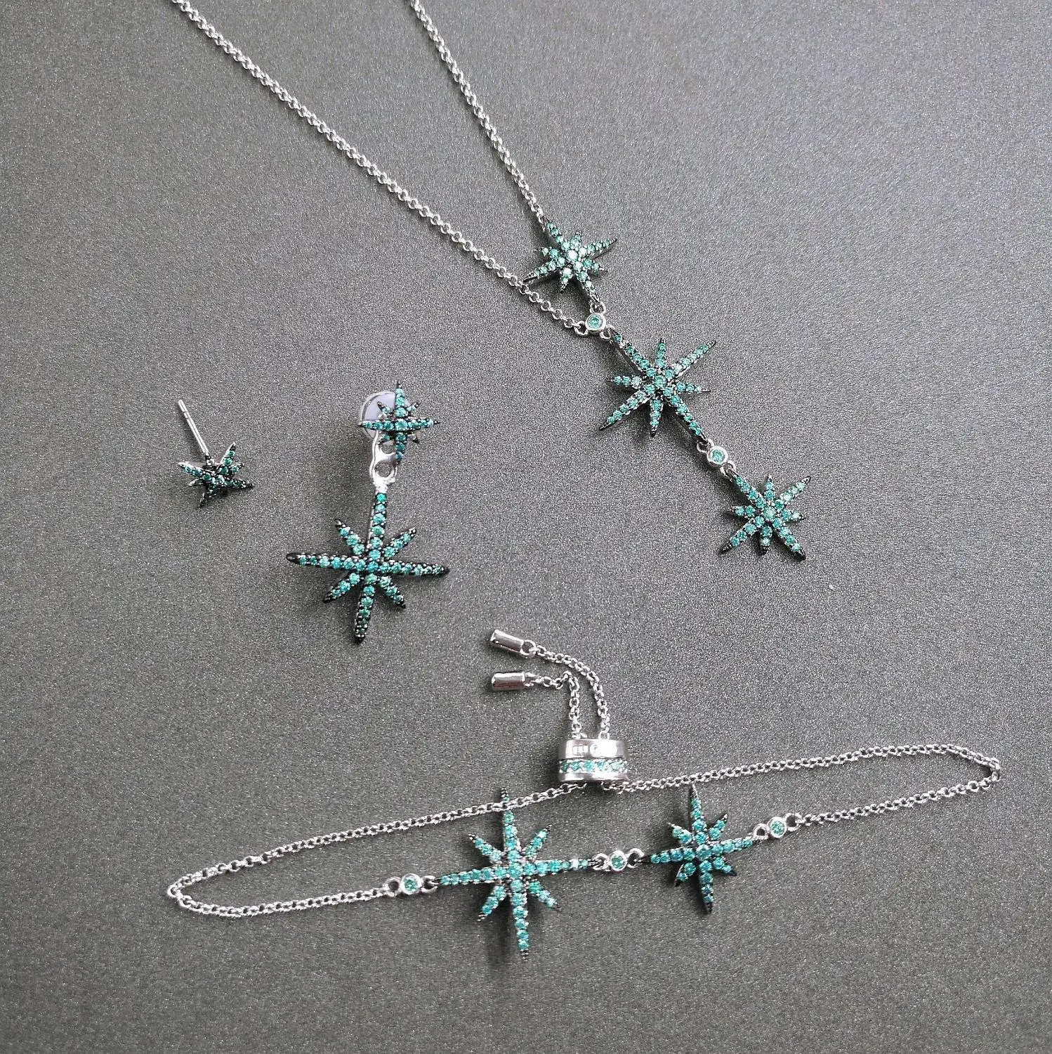 

s925 sterling silver new lake blue three Star necklace six-pointed star earrings earrings Star shape bracelet sweater chain