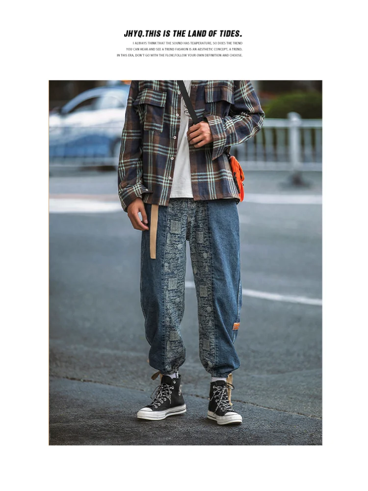 ICCLEK Retro High Street Jeans Fashion Jeans Men's Stitching Beam Foot Tooling Wide Leg Pants Mens Clothing  Wide Leg Jeans