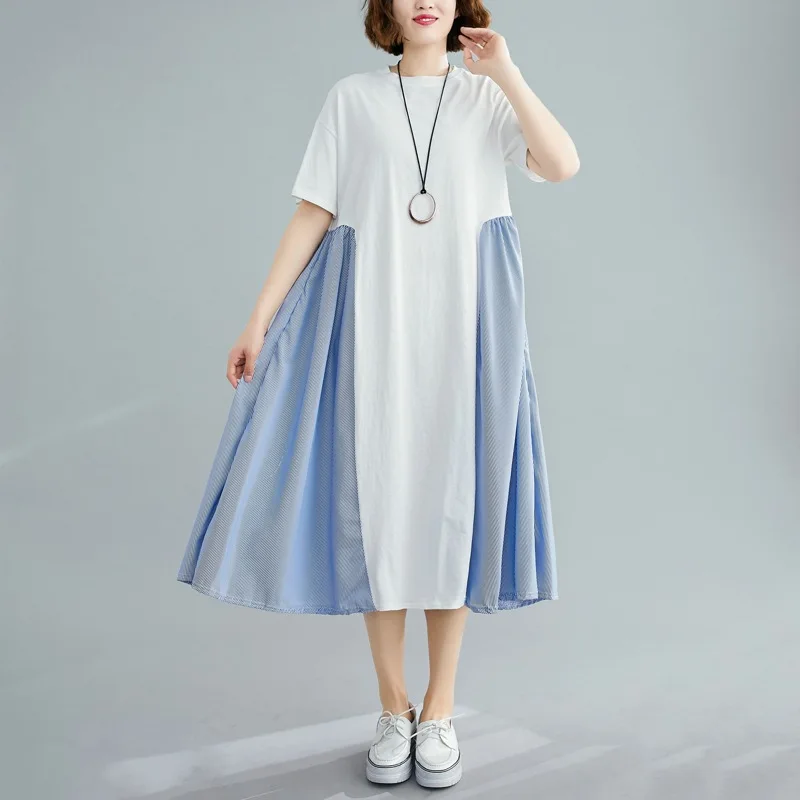 Женское свободное платье в полоску Johnature Повседневное стиле пэчворк с круглым