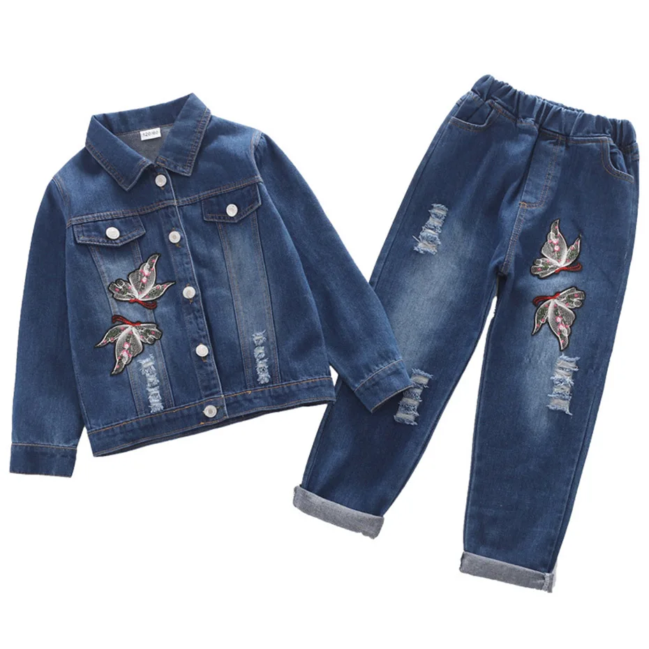 Комплект одежды для девочек куртка с вышитой птицей + джинсы 2 предмета детская