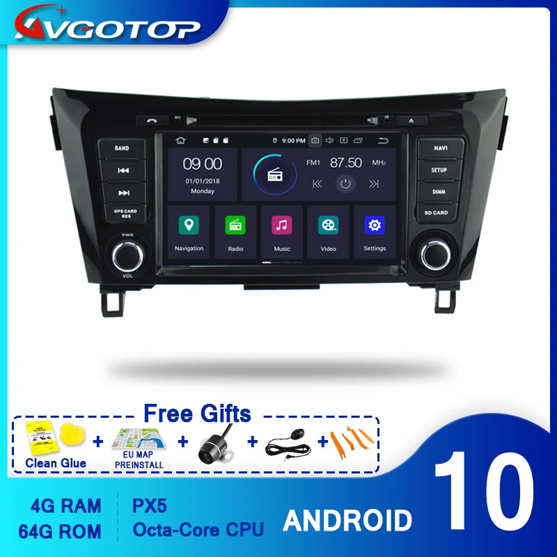 AVGOTOP Android 10 4 Гб + 64 ГБ Автомобильный DVD плеер для NISSAN QASHQAI 2014 2017 IPS HD экран