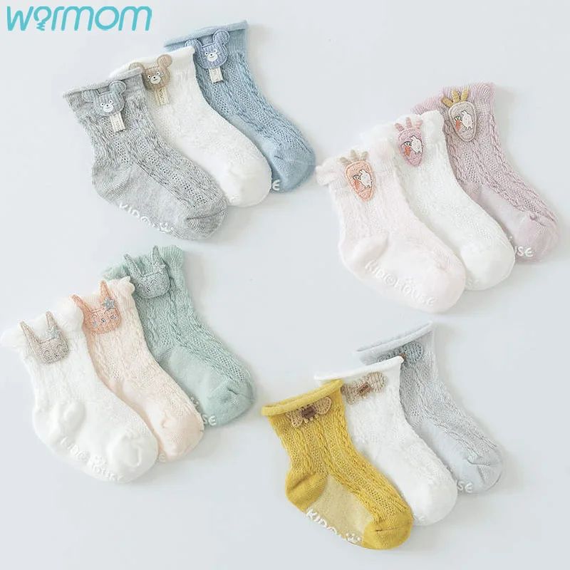 Warmom-Calcetines de algod&oacute;n para ni&ntilde;os peque&ntilde;os, calentador de piernas con bot&oacute;n de dibujos animados, Color caramelo, antideslizantes, 3 pares-0