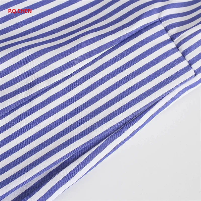 

P.Q.CHEN 2021 Blue Striped Shirt Women Vintage Collared Button Up Shirt Woman Long Sleeve Loose Casual Streetwear Summer Blouse