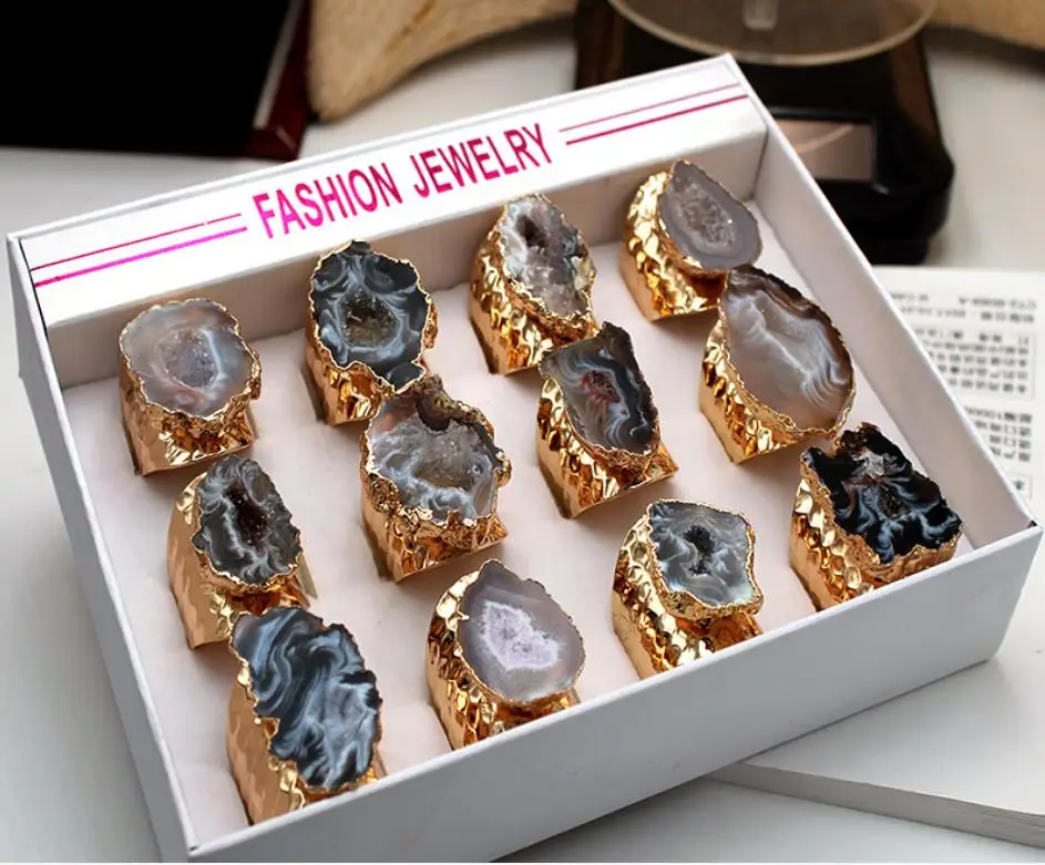 Большая Золотая оправа винтажные синие и фиолетовые жеодовые кристаллы цветок