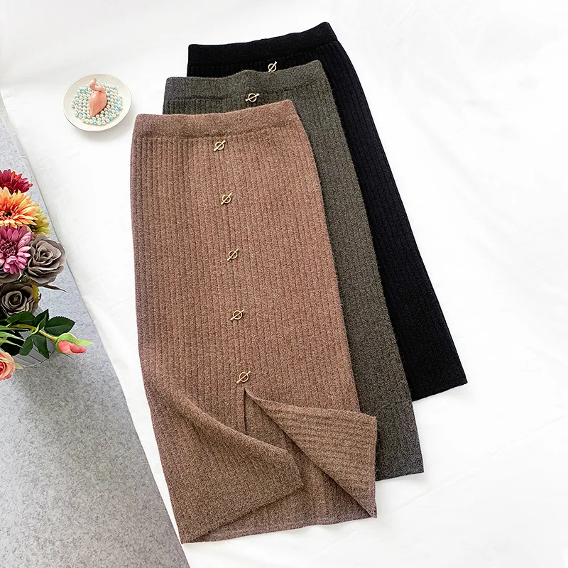 

2020 autumn and winter rabbit fur long skirt new metal buckle knit winter skirt split skirts womens