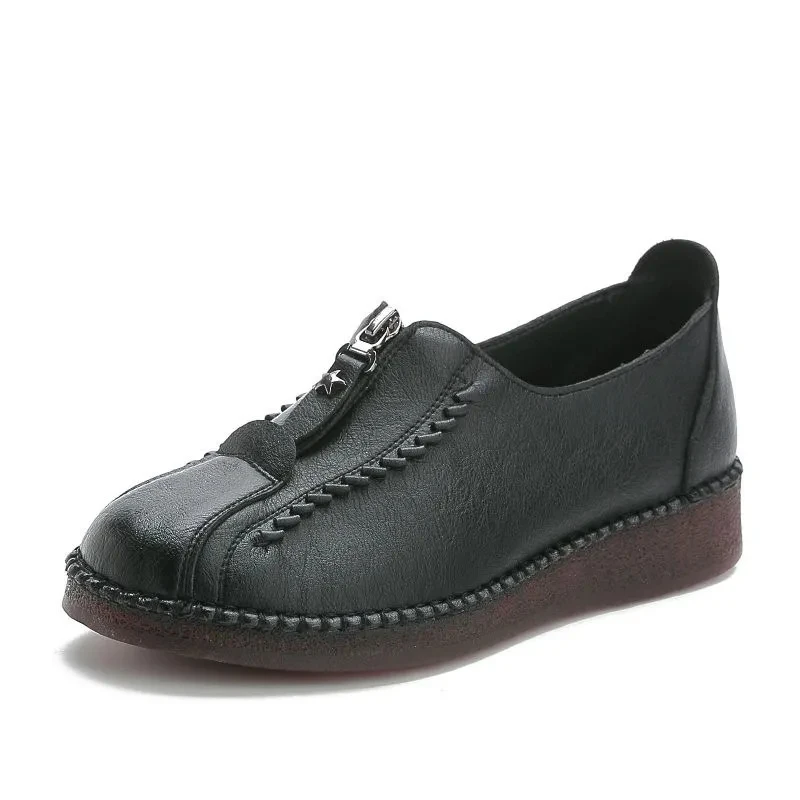

Spring Autumn Women Shoes Leather Soft Sole Middle aged and Elderly Flats Females Casual Zipper Comfort Flat Shoes