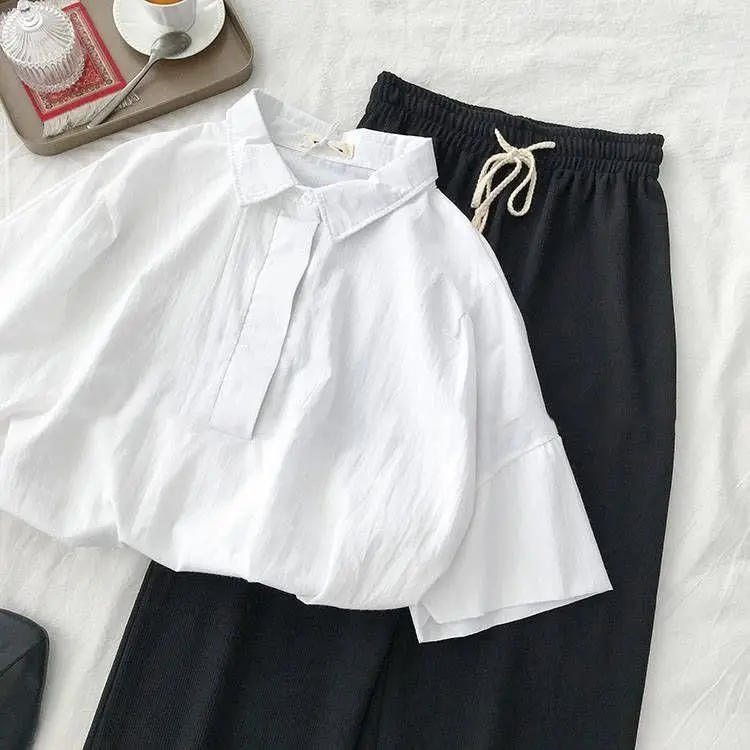 

Women Sets Solid Short Sleeve T-shirt Ankle-length Wide Leg Pants Basic Preppy Style Fashion Outfit Soft Females Chic