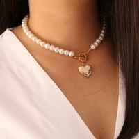 western fashionable love shape retro womens necklace with pearl versatile clavicle pendant necklace for women female gifts