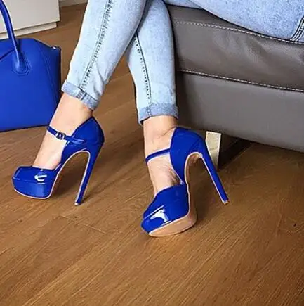 

Moraima Snc Newest Blue Patent Leather High Heel Shoes Sexy Peep Toe Platform pumps Woman Ankle Strap Party Dress Heels