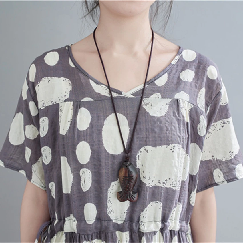 

Summer Soft Cotton Linen Shirt Dress Women Short Sleeve O-Neck Print Casual loose Midi Dresses Plus Size Vintage Holiday Clothes